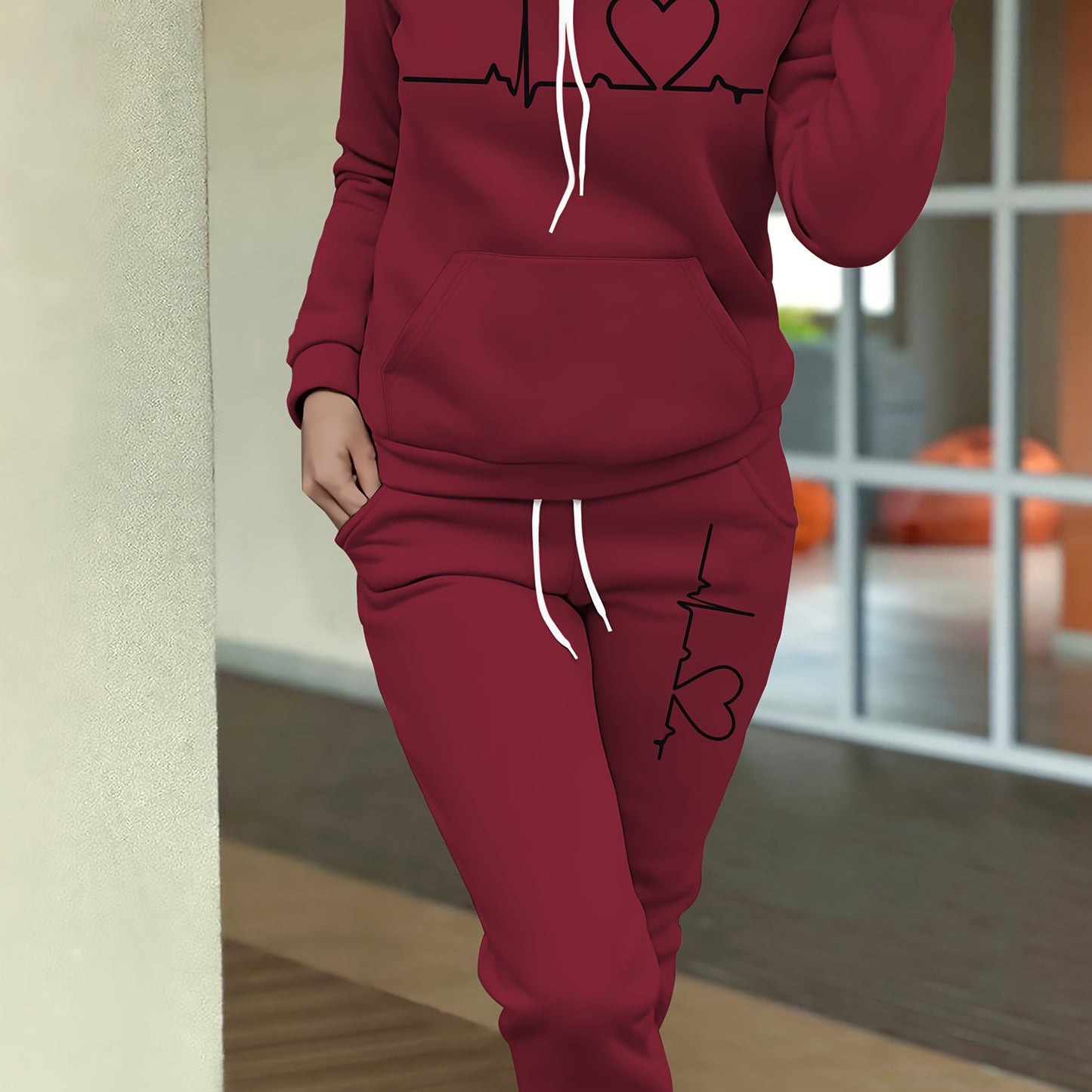 Women's Maroon Casual Fall/Winter Set - Heartbeat Print Hoodie with Kangaroo Pocket & Matching Joggers, Polyester-Spandex Blend, Machine Washable, Hoodie And Jogger Set