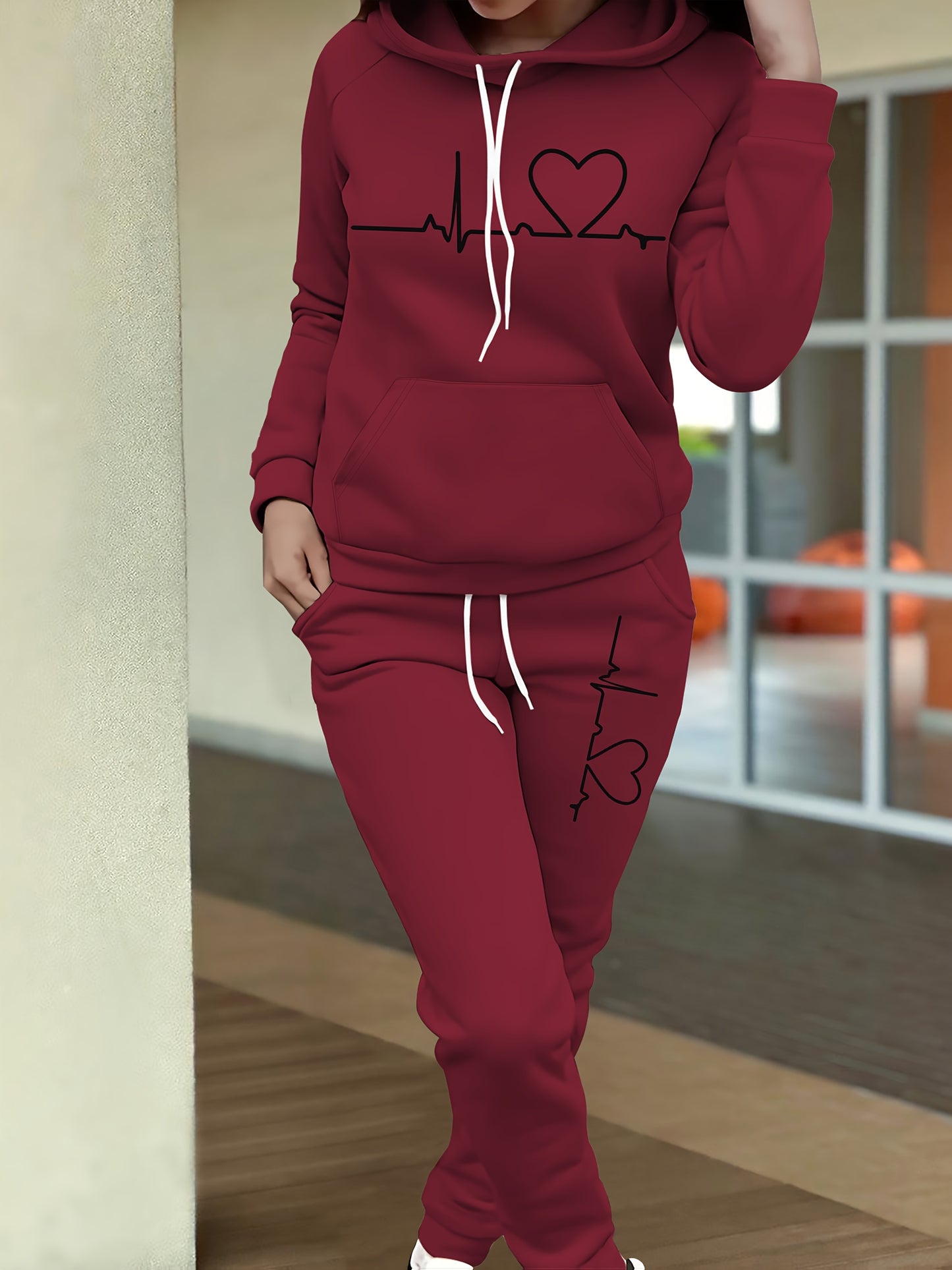 Women's Maroon Casual Fall/Winter Set - Heartbeat Print Hoodie with Kangaroo Pocket & Matching Joggers, Polyester-Spandex Blend, Machine Washable, Hoodie And Jogger Set
