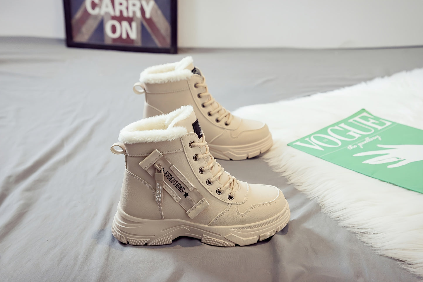 Women'S Casual Winter Boots - Thick Sole, Lace-Up, Round Toe, Mid-Heel, Warm Fleece Lined, All-Season Boots, Casual Boots|Round Toe Boots|Laceup Boots