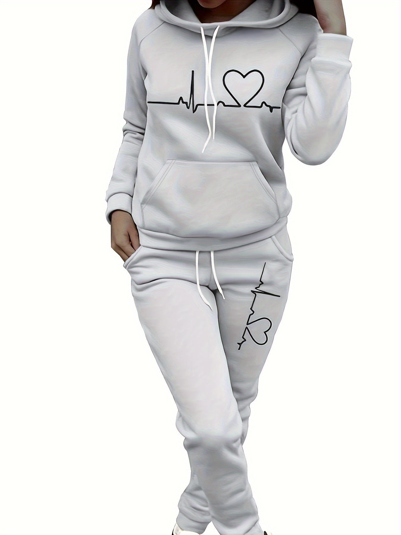 Women's Maroon Casual Fall/Winter Set - Heartbeat Print Hoodie with Kangaroo Pocket & Matching Joggers, Polyester-Spandex Blend, Machine Washable, Hoodie And Jogger Set