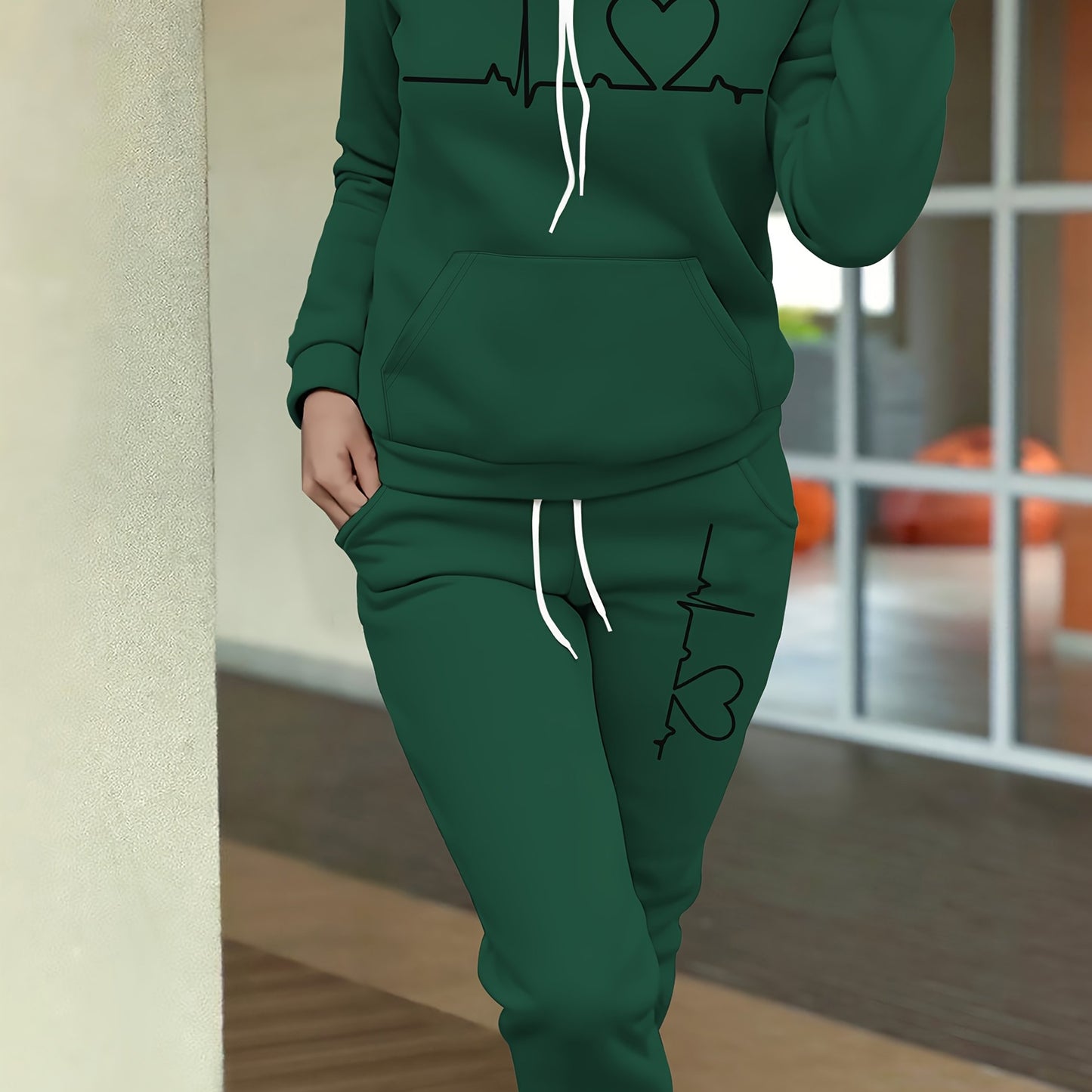 Women's Maroon Casual Fall/Winter Set - Heartbeat Print Hoodie with Kangaroo Pocket & Matching Joggers, Polyester-Spandex Blend, Machine Washable, Hoodie And Jogger Set