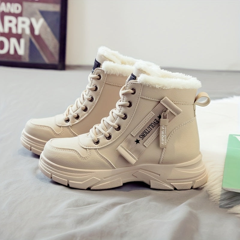 Women'S Casual Winter Boots - Thick Sole, Lace-Up, Round Toe, Mid-Heel, Warm Fleece Lined, All-Season Boots, Casual Boots|Round Toe Boots|Laceup Boots