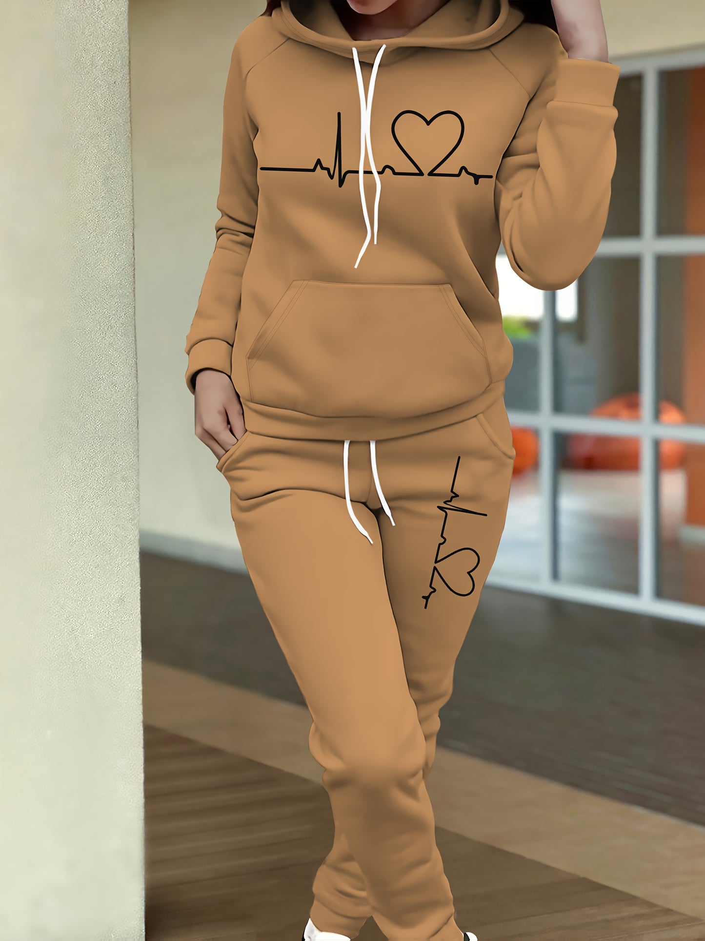 Women's Maroon Casual Fall/Winter Set - Heartbeat Print Hoodie with Kangaroo Pocket & Matching Joggers, Polyester-Spandex Blend, Machine Washable, Hoodie And Jogger Set