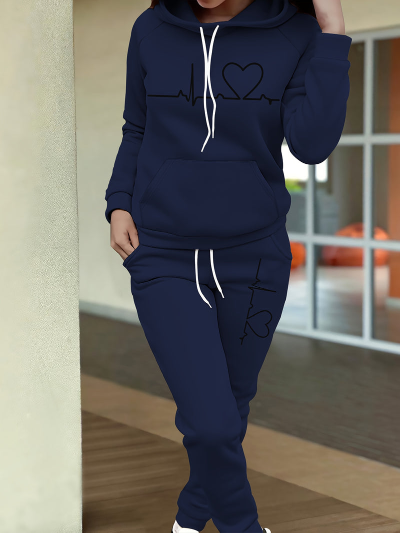 Women's Maroon Casual Fall/Winter Set - Heartbeat Print Hoodie with Kangaroo Pocket & Matching Joggers, Polyester-Spandex Blend, Machine Washable, Hoodie And Jogger Set