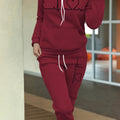 Women's Maroon Casual Fall/Winter Set - Heartbeat Print Hoodie with Kangaroo Pocket & Matching Joggers, Polyester-Spandex Blend, Machine Washable, Hoodie And Jogger Set