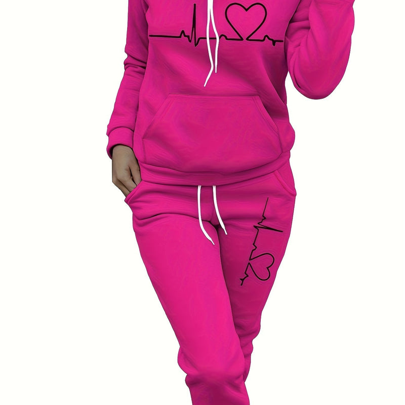 Women's Maroon Casual Fall/Winter Set - Heartbeat Print Hoodie with Kangaroo Pocket & Matching Joggers, Polyester-Spandex Blend, Machine Washable, Hoodie And Jogger Set