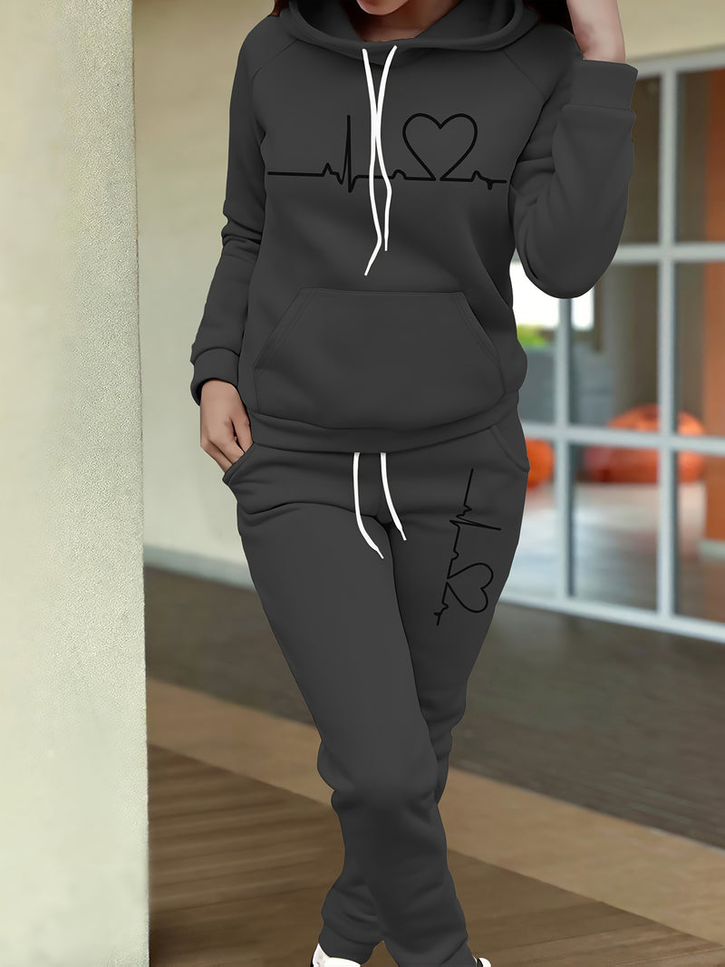 Women's Maroon Casual Fall/Winter Set - Heartbeat Print Hoodie with Kangaroo Pocket & Matching Joggers, Polyester-Spandex Blend, Machine Washable, Hoodie And Jogger Set