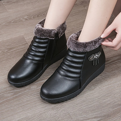 Women's Elegant Black Winter Snow Boots - Warm Fleece-Lined, Windproof Flat Ankle Boots with Non-Slip Rubber Sole, Decorative Bow Detail - Ideal for Outdoor Walks, Parties, and Camping, Soft Bottom, Snow Boots