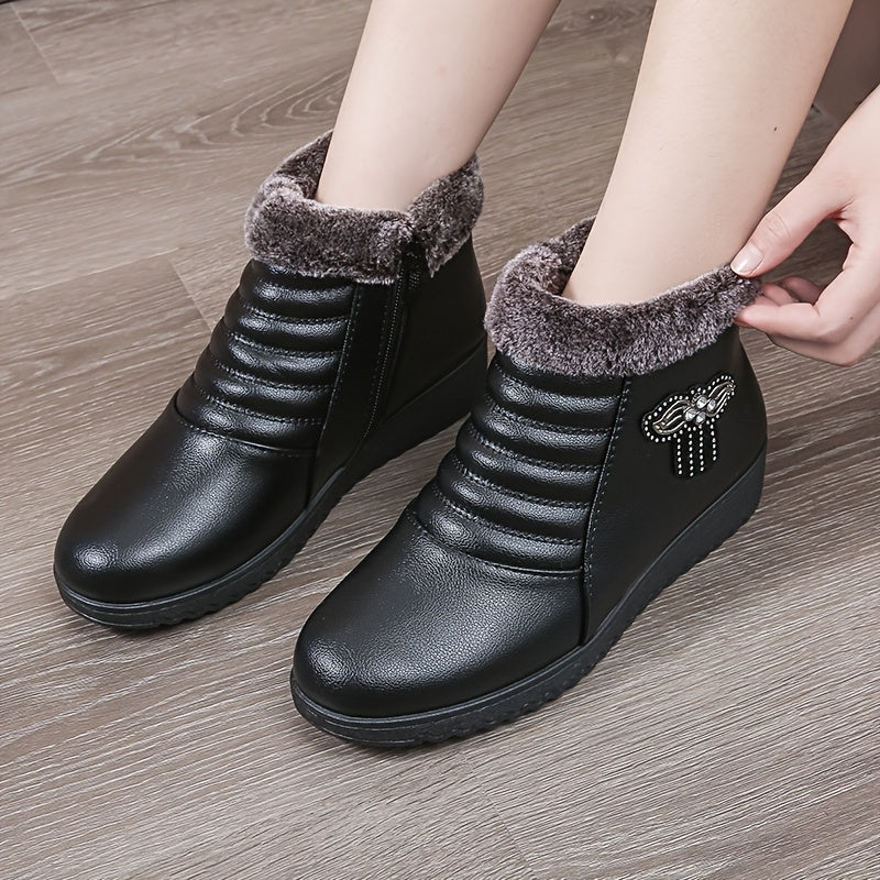 Women's Elegant Black Winter Snow Boots - Warm Fleece-Lined, Windproof Flat Ankle Boots with Non-Slip Rubber Sole, Decorative Bow Detail - Ideal for Outdoor Walks, Parties, and Camping, Soft Bottom, Snow Boots