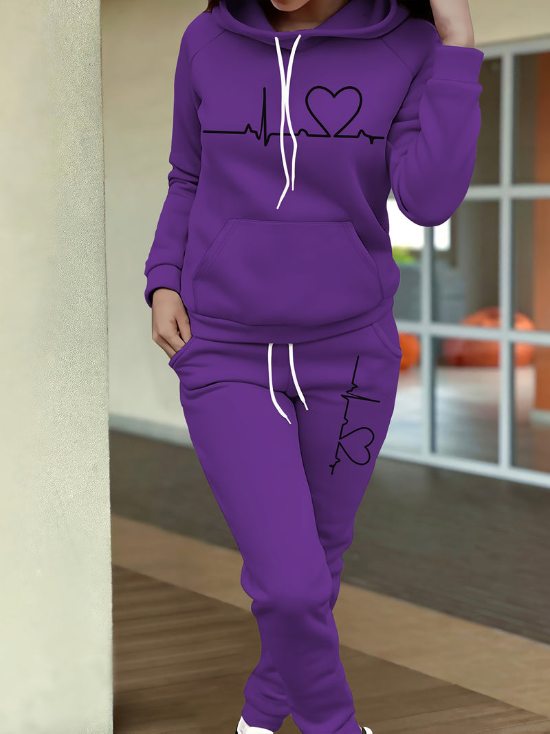 Women's Maroon Casual Fall/Winter Set - Heartbeat Print Hoodie with Kangaroo Pocket & Matching Joggers, Polyester-Spandex Blend, Machine Washable, Hoodie And Jogger Set