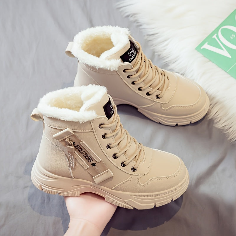 Women'S Casual Winter Boots - Thick Sole, Lace-Up, Round Toe, Mid-Heel, Warm Fleece Lined, All-Season Boots, Casual Boots|Round Toe Boots|Laceup Boots