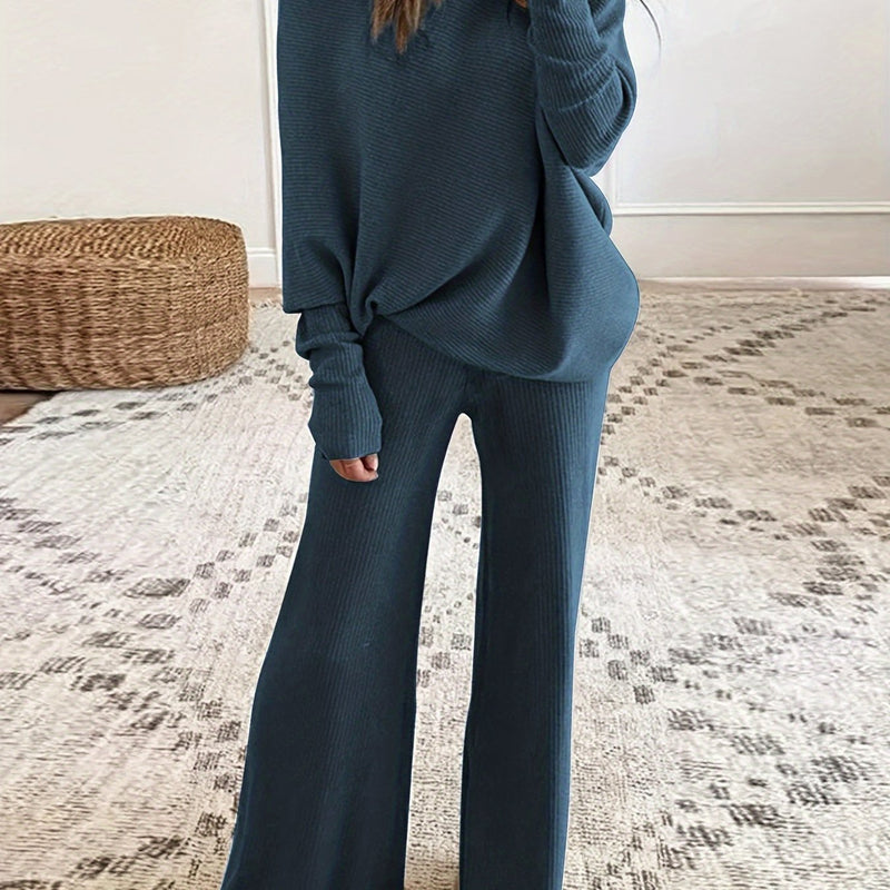 Women's Autumn and Winter Solid Color Off-Shoulder Sweater Top with Pants Set