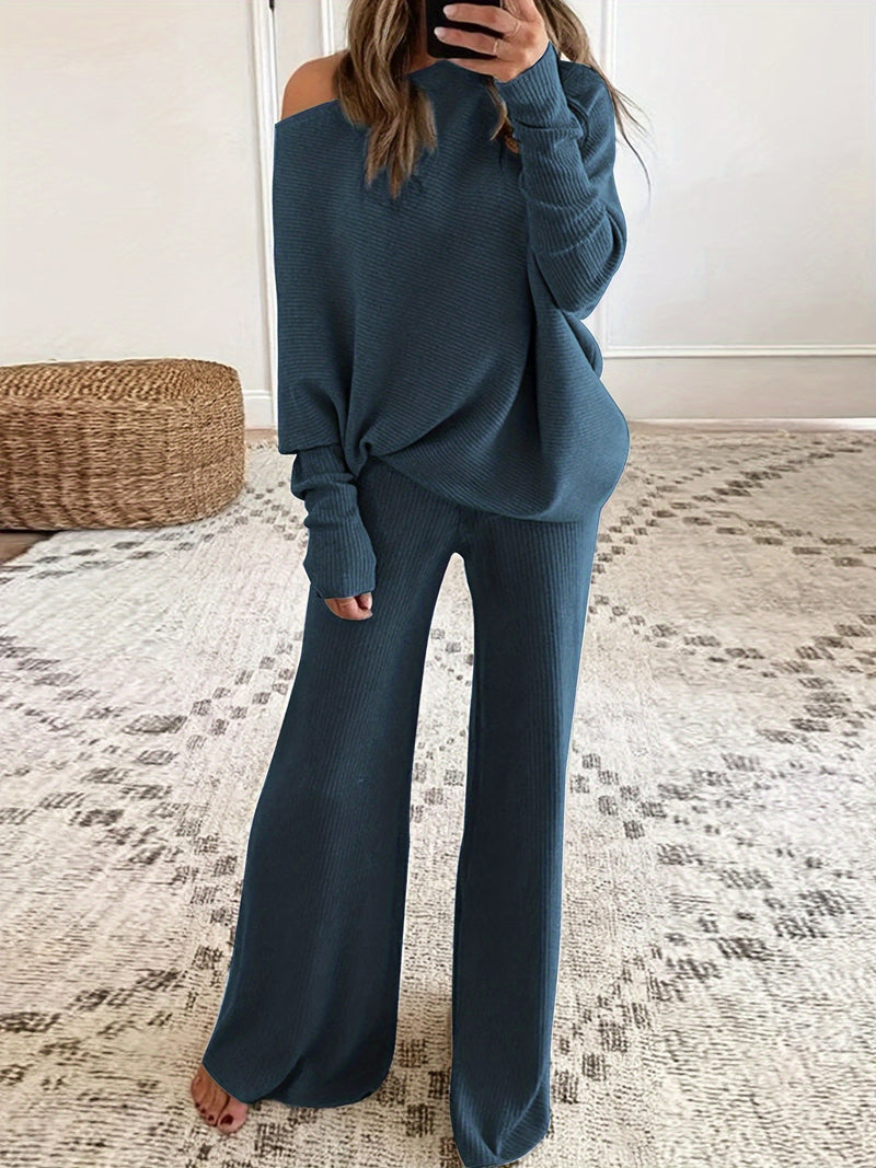 Women's Autumn and Winter Solid Color Off-Shoulder Sweater Top with Pants Set