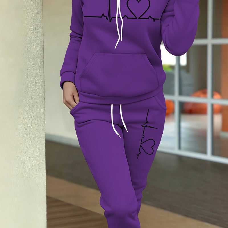 Women's Maroon Casual Fall/Winter Set - Heartbeat Print Hoodie with Kangaroo Pocket & Matching Joggers, Polyester-Spandex Blend, Machine Washable, Hoodie And Jogger Set