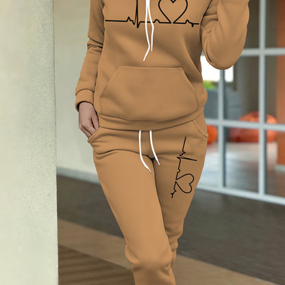 Women's Maroon Casual Fall/Winter Set - Heartbeat Print Hoodie with Kangaroo Pocket & Matching Joggers, Polyester-Spandex Blend, Machine Washable, Hoodie And Jogger Set