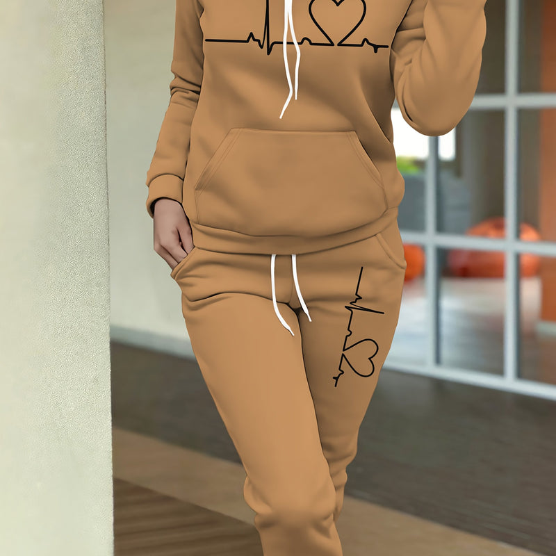 Women's Maroon Casual Fall/Winter Set - Heartbeat Print Hoodie with Kangaroo Pocket & Matching Joggers, Polyester-Spandex Blend, Machine Washable, Hoodie And Jogger Set