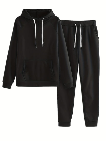 Trendy Solid Womens Two-Piece Set - Comfy Hoodie with Kangaroo Pockets & Drawstring Pants Outfit - Casual, Stylish, Versatile Wardrobe Essential