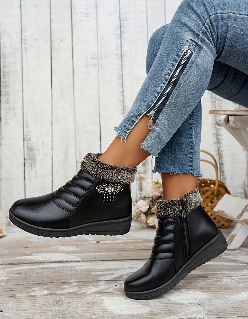 Women's Elegant Black Winter Snow Boots - Warm Fleece-Lined, Windproof Flat Ankle Boots with Non-Slip Rubber Sole, Decorative Bow Detail - Ideal for Outdoor Walks, Parties, and Camping, Soft Bottom, Snow Boots