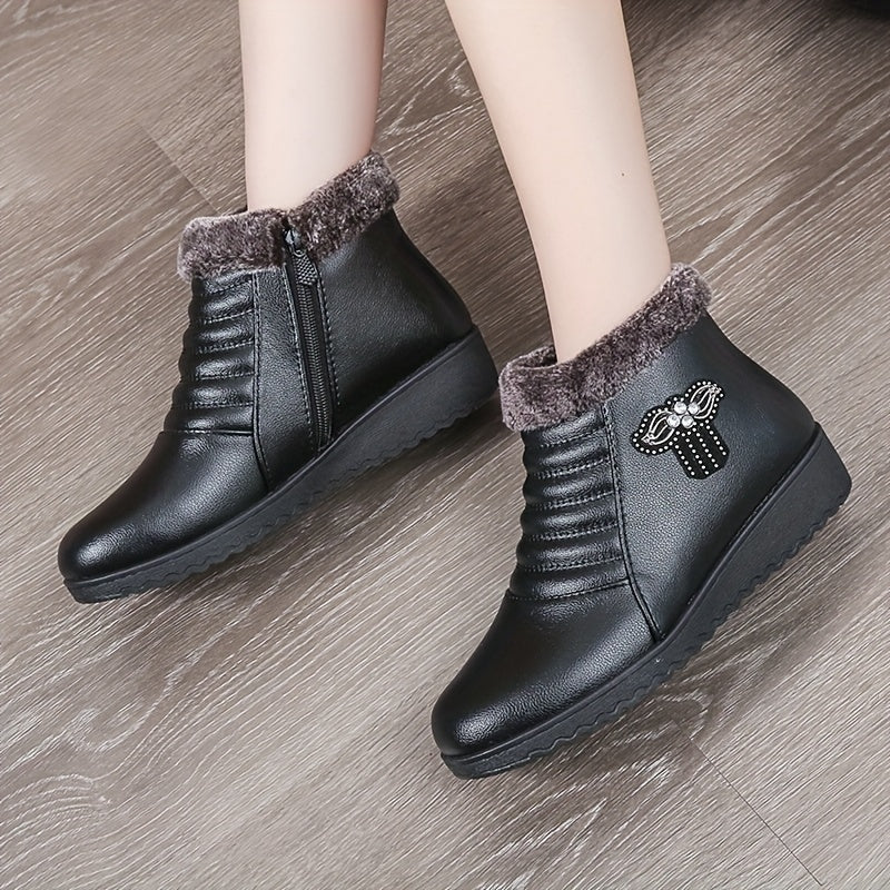 Women's Elegant Black Winter Snow Boots - Warm Fleece-Lined, Windproof Flat Ankle Boots with Non-Slip Rubber Sole, Decorative Bow Detail - Ideal for Outdoor Walks, Parties, and Camping, Soft Bottom, Snow Boots