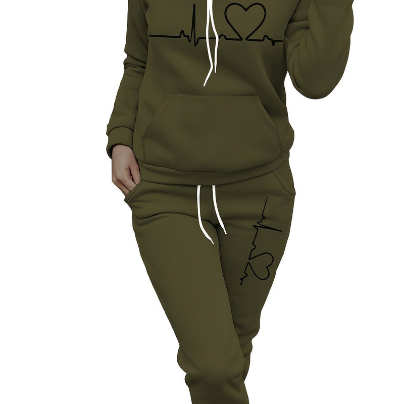 Women's Maroon Casual Fall/Winter Set - Heartbeat Print Hoodie with Kangaroo Pocket & Matching Joggers, Polyester-Spandex Blend, Machine Washable, Hoodie And Jogger Set