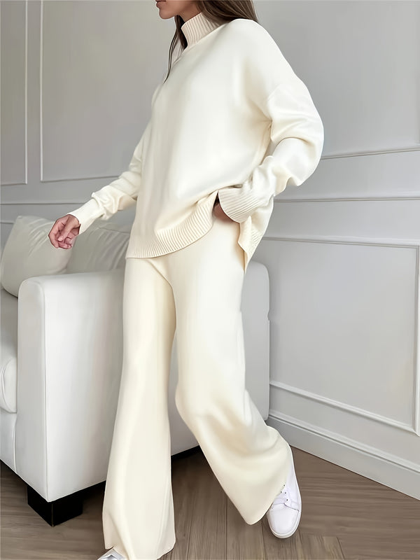 Women'S 2pcs Knit Sweater Set, Casual High Neck Viscose 50% Long Sleeve Pullover with Solid Color Polyester 22% and Nylon 28% Blend, Cozy Autumn Winter Outfit
