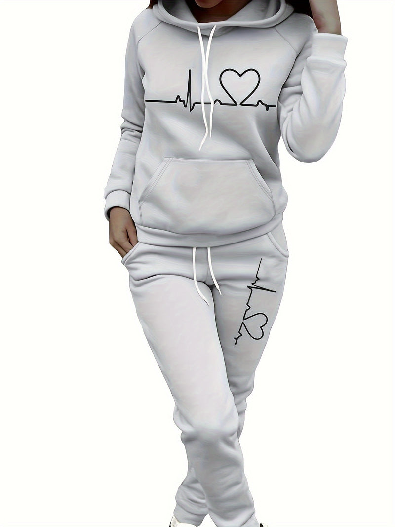 Women's Maroon Casual Fall/Winter Set - Heartbeat Print Hoodie with Kangaroo Pocket & Matching Joggers, Polyester-Spandex Blend, Machine Washable, Hoodie And Jogger Set