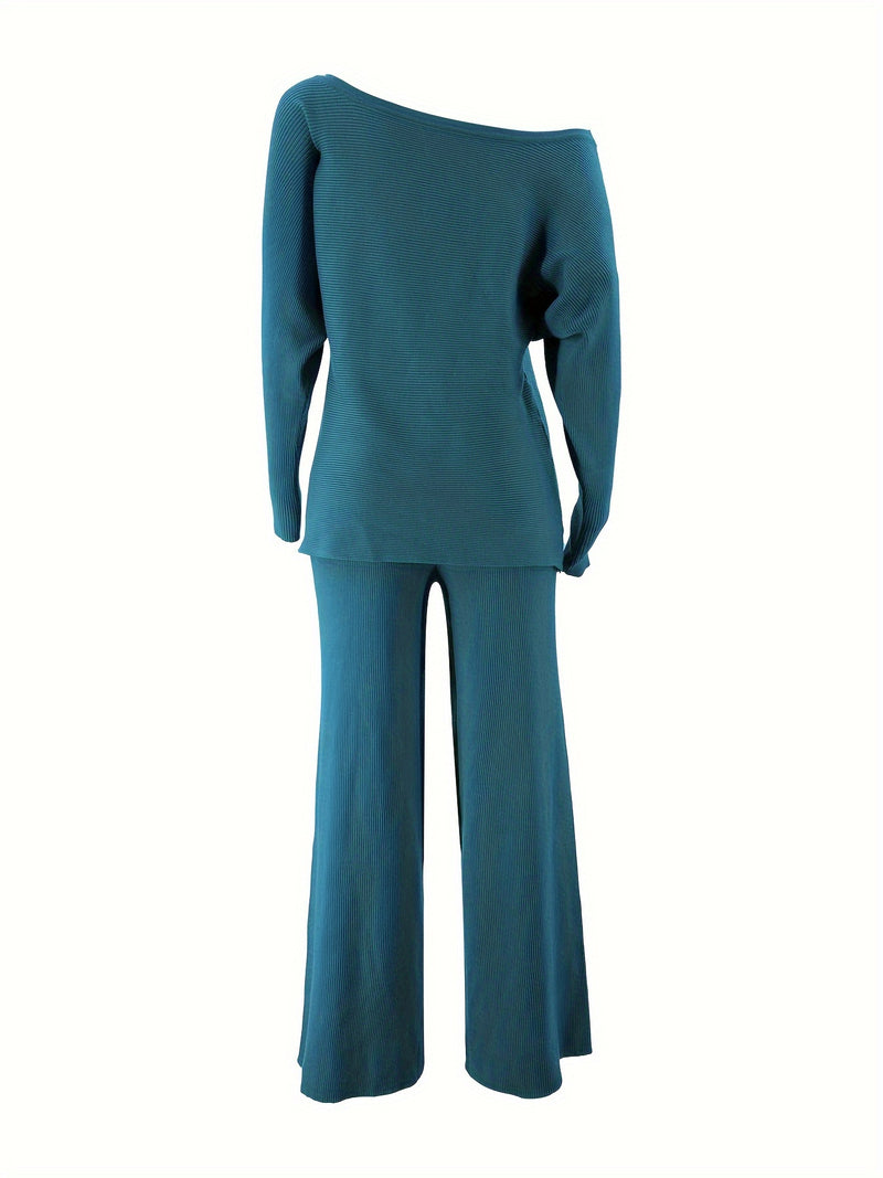 Women's Autumn and Winter Solid Color Off-Shoulder Sweater Top with Pants Set