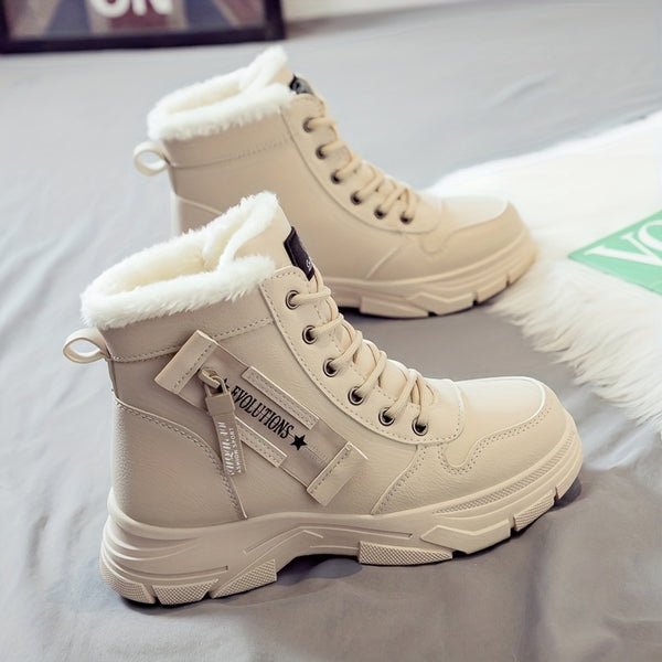 Women'S Casual Winter Boots - Thick Sole, Lace-Up, Round Toe, Mid-Heel, Warm Fleece Lined, All-Season Boots, Casual Boots|Round Toe Boots|Laceup Boots