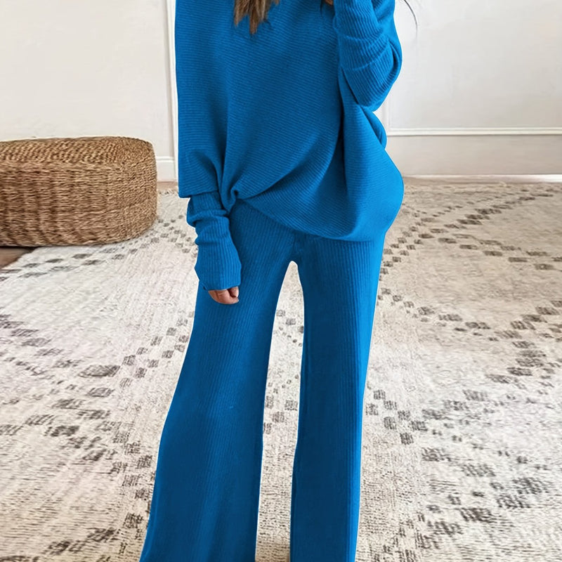 Women's Autumn and Winter Solid Color Off-Shoulder Sweater Top with Pants Set
