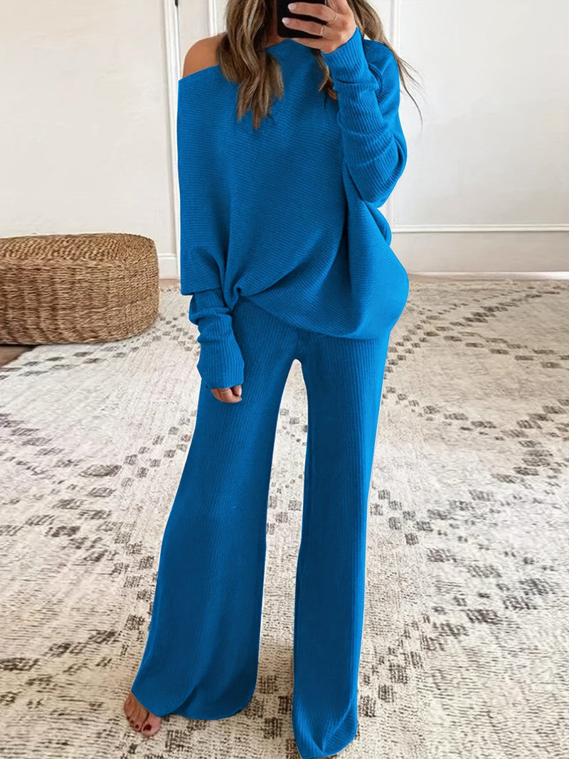 Women's Autumn and Winter Solid Color Off-Shoulder Sweater Top with Pants Set