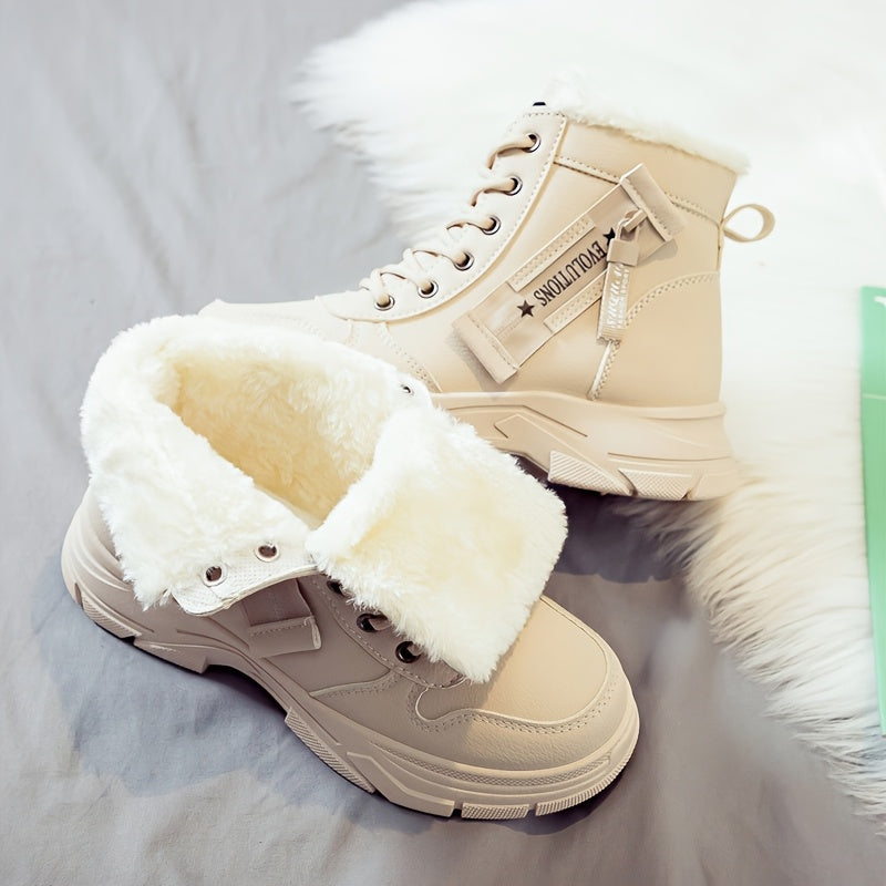 Women'S Casual Winter Boots - Thick Sole, Lace-Up, Round Toe, Mid-Heel, Warm Fleece Lined, All-Season Boots, Casual Boots|Round Toe Boots|Laceup Boots