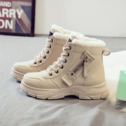 Women'S Casual Winter Boots - Thick Sole, Lace-Up, Round Toe, Mid-Heel, Warm Fleece Lined, All-Season Boots, Casual Boots|Round Toe Boots|Laceup Boots