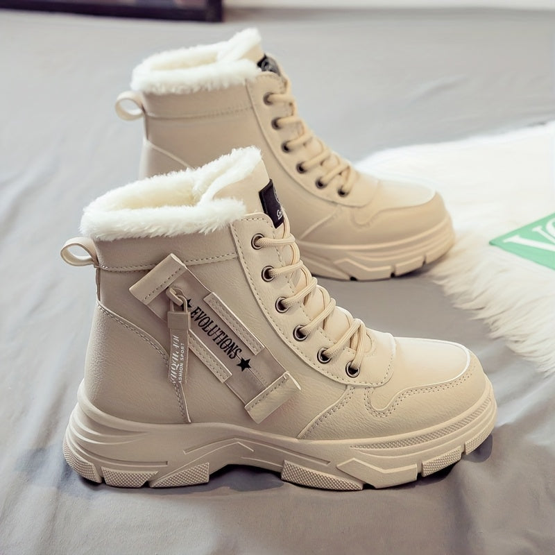 Women'S Casual Winter Boots - Thick Sole, Lace-Up, Round Toe, Mid-Heel, Warm Fleece Lined, All-Season Boots, Casual Boots|Round Toe Boots|Laceup Boots