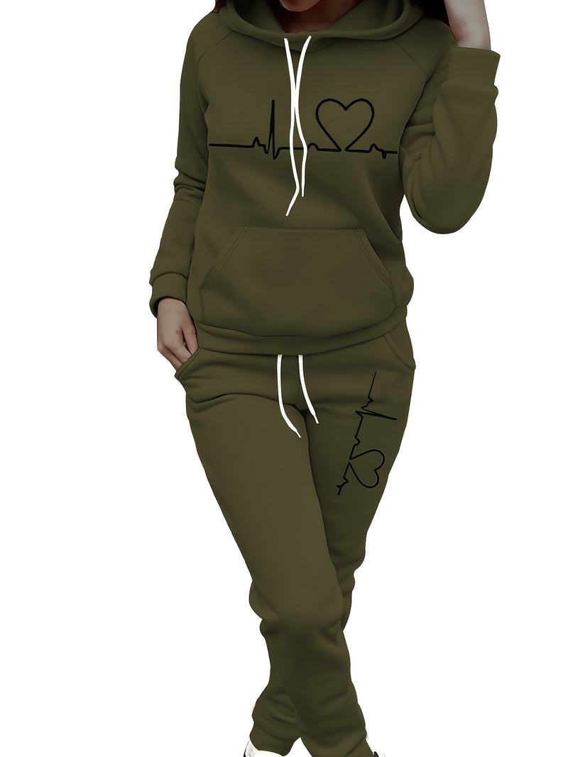 Women's Maroon Casual Fall/Winter Set - Heartbeat Print Hoodie with Kangaroo Pocket & Matching Joggers, Polyester-Spandex Blend, Machine Washable, Hoodie And Jogger Set