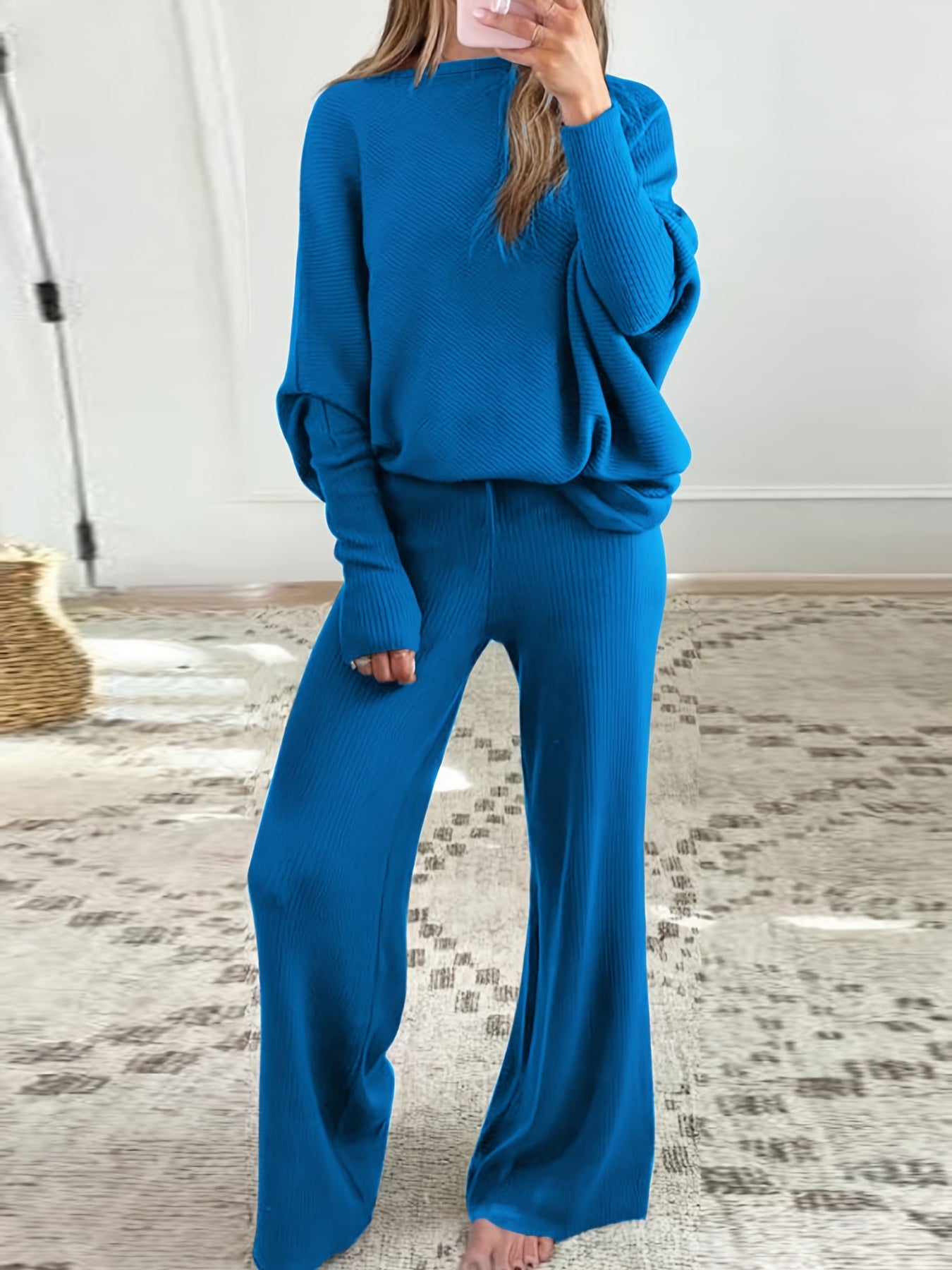 Women's Autumn and Winter Solid Color Off-Shoulder Sweater Top with Pants Set