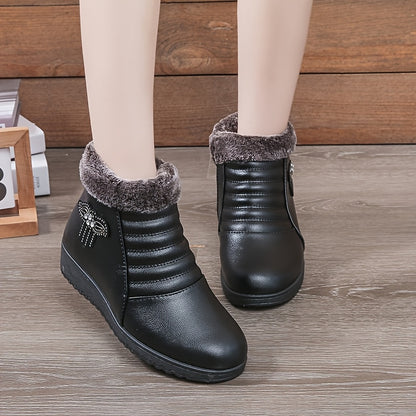 Women's Elegant Black Winter Snow Boots - Warm Fleece-Lined, Windproof Flat Ankle Boots with Non-Slip Rubber Sole, Decorative Bow Detail - Ideal for Outdoor Walks, Parties, and Camping, Soft Bottom, Snow Boots