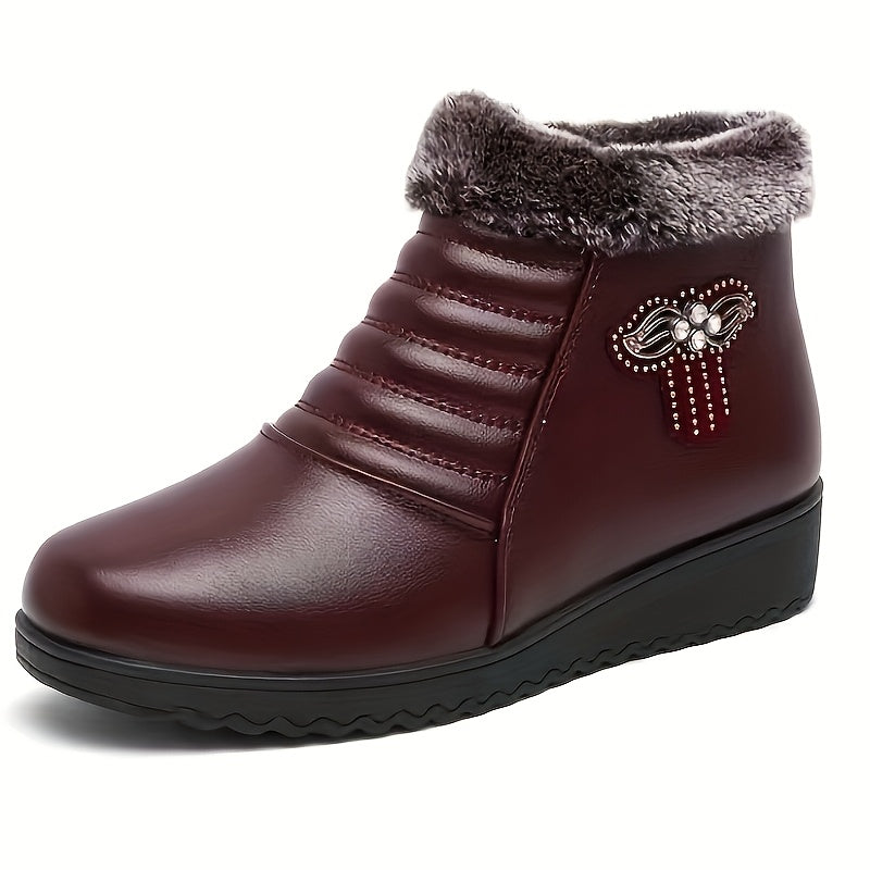 Women's Elegant Black Winter Snow Boots - Warm Fleece-Lined, Windproof Flat Ankle Boots with Non-Slip Rubber Sole, Decorative Bow Detail - Ideal for Outdoor Walks, Parties, and Camping, Soft Bottom, Snow Boots