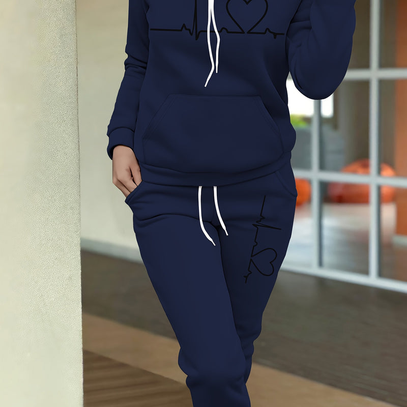 Women's Maroon Casual Fall/Winter Set - Heartbeat Print Hoodie with Kangaroo Pocket & Matching Joggers, Polyester-Spandex Blend, Machine Washable, Hoodie And Jogger Set