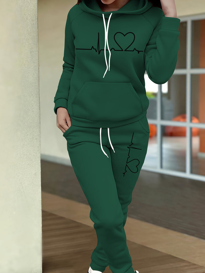 Women's Maroon Casual Fall/Winter Set - Heartbeat Print Hoodie with Kangaroo Pocket & Matching Joggers, Polyester-Spandex Blend, Machine Washable, Hoodie And Jogger Set