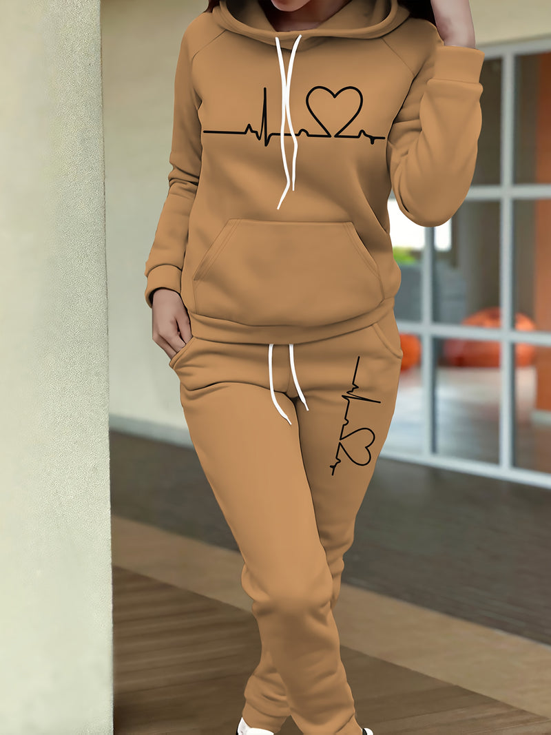 Women's Maroon Casual Fall/Winter Set - Heartbeat Print Hoodie with Kangaroo Pocket & Matching Joggers, Polyester-Spandex Blend, Machine Washable, Hoodie And Jogger Set