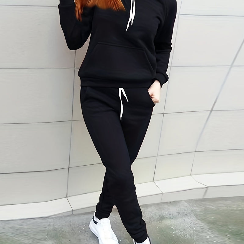 Trendy Solid Womens Two-Piece Set - Comfy Hoodie with Kangaroo Pockets & Drawstring Pants Outfit - Casual, Stylish, Versatile Wardrobe Essential