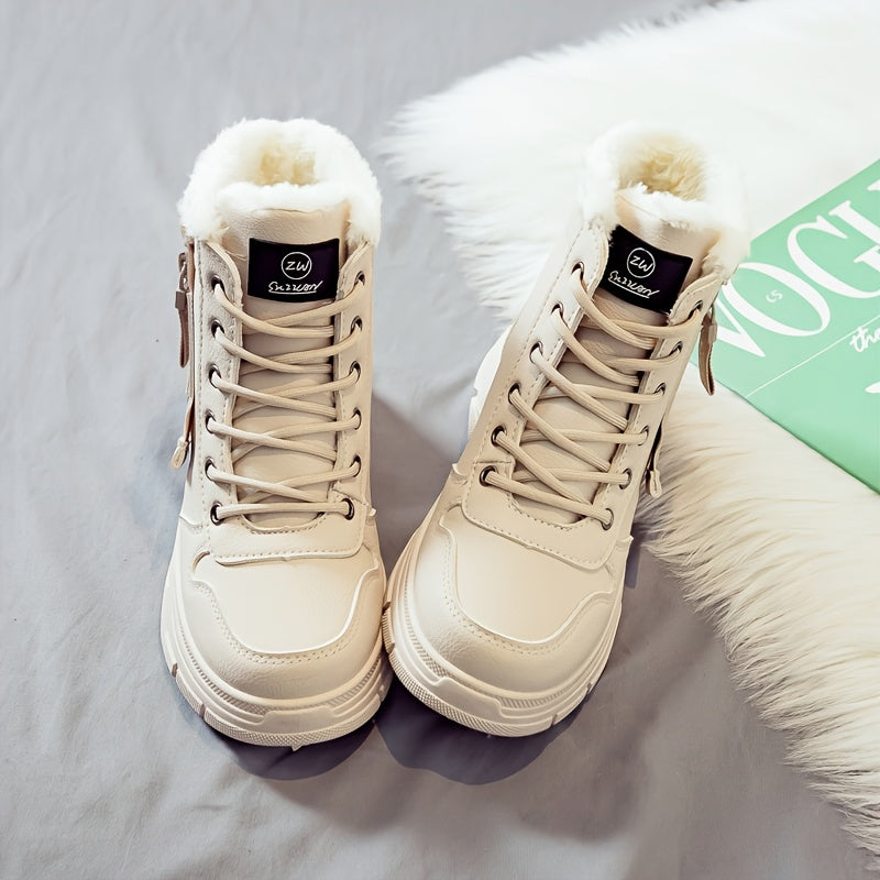 Women'S Casual Winter Boots - Thick Sole, Lace-Up, Round Toe, Mid-Heel, Warm Fleece Lined, All-Season Boots, Casual Boots|Round Toe Boots|Laceup Boots