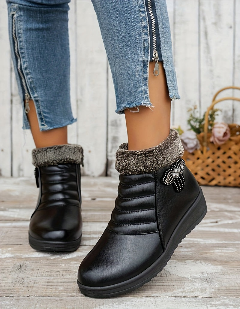 Women's Elegant Black Winter Snow Boots - Warm Fleece-Lined, Windproof Flat Ankle Boots with Non-Slip Rubber Sole, Decorative Bow Detail - Ideal for Outdoor Walks, Parties, and Camping, Soft Bottom, Snow Boots