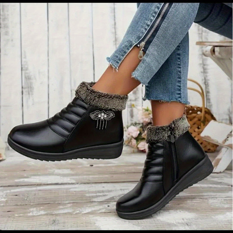 Women's Elegant Black Winter Snow Boots - Warm Fleece-Lined, Windproof Flat Ankle Boots with Non-Slip Rubber Sole, Decorative Bow Detail - Ideal for Outdoor Walks, Parties, and Camping, Soft Bottom, Snow Boots