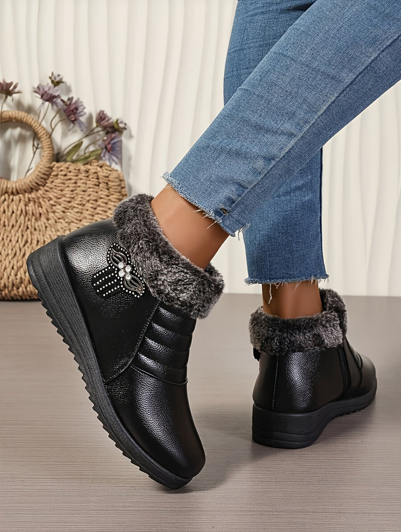 Women's Elegant Black Winter Snow Boots - Warm Fleece-Lined, Windproof Flat Ankle Boots with Non-Slip Rubber Sole, Decorative Bow Detail - Ideal for Outdoor Walks, Parties, and Camping, Soft Bottom, Snow Boots