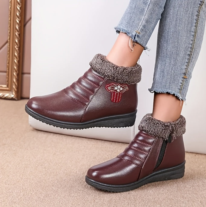 Women's Elegant Black Winter Snow Boots - Warm Fleece-Lined, Windproof Flat Ankle Boots with Non-Slip Rubber Sole, Decorative Bow Detail - Ideal for Outdoor Walks, Parties, and Camping, Soft Bottom, Snow Boots