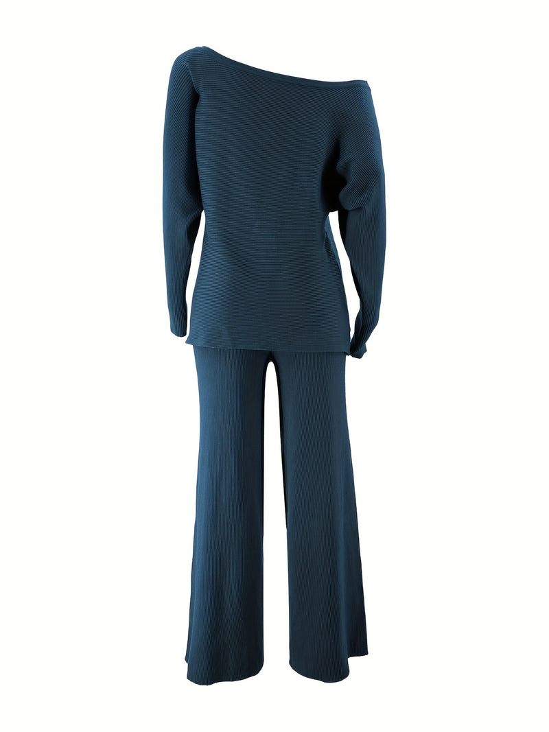 Women's Autumn and Winter Solid Color Off-Shoulder Sweater Top with Pants Set