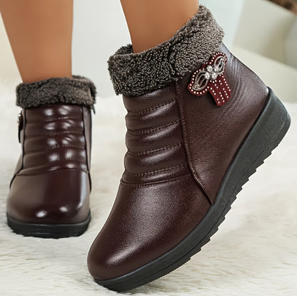 Women's Elegant Black Winter Snow Boots - Warm Fleece-Lined, Windproof Flat Ankle Boots with Non-Slip Rubber Sole, Decorative Bow Detail - Ideal for Outdoor Walks, Parties, and Camping, Soft Bottom, Snow Boots