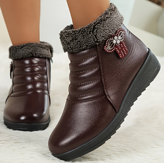 Women's Elegant Black Winter Snow Boots - Warm Fleece-Lined, Windproof Flat Ankle Boots with Non-Slip Rubber Sole, Decorative Bow Detail - Ideal for Outdoor Walks, Parties, and Camping, Soft Bottom, Snow Boots