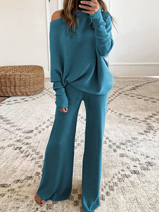 Women's Autumn and Winter Solid Color Off-Shoulder Sweater Top with Pants Set